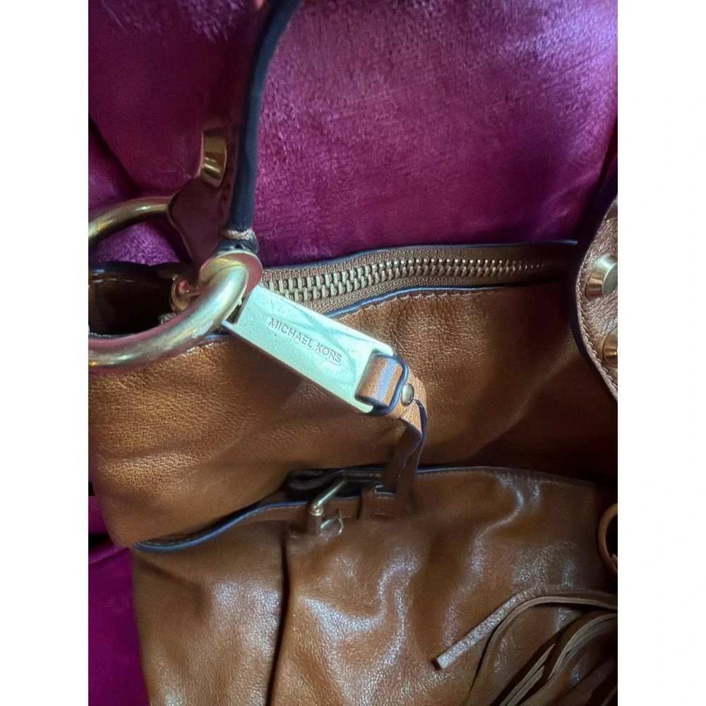 Michael Kors Brown Leather Fringe Hobo Bag Studded Strap Gold Tone Hardware